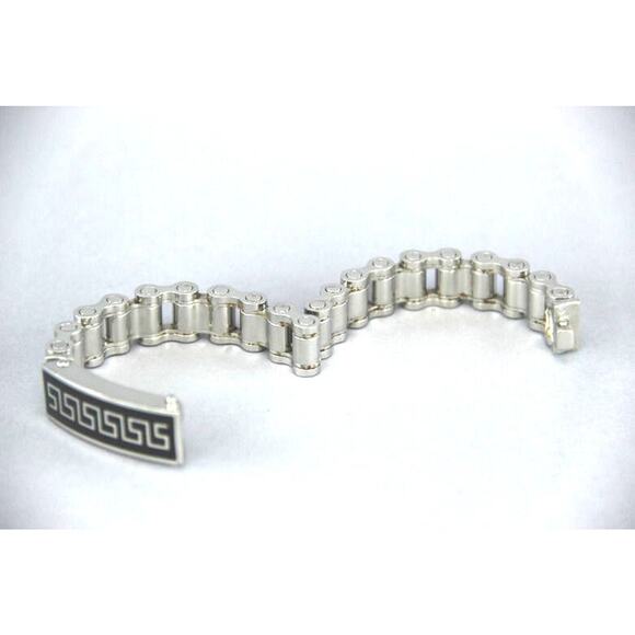 Stainless Steel Bicycle Chain MENS BRACELET Black Onyx Silver Inlay Greek Key - Picture 5 of 10